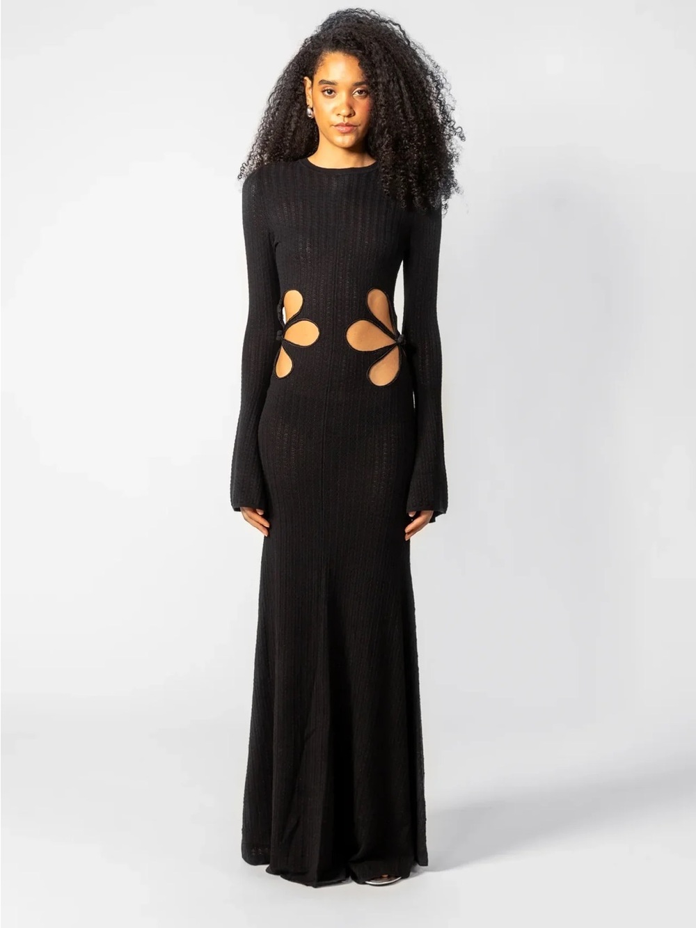Sau Lee Black Floral Cutout Maxi Dress - Long Sleeve Knit Gown